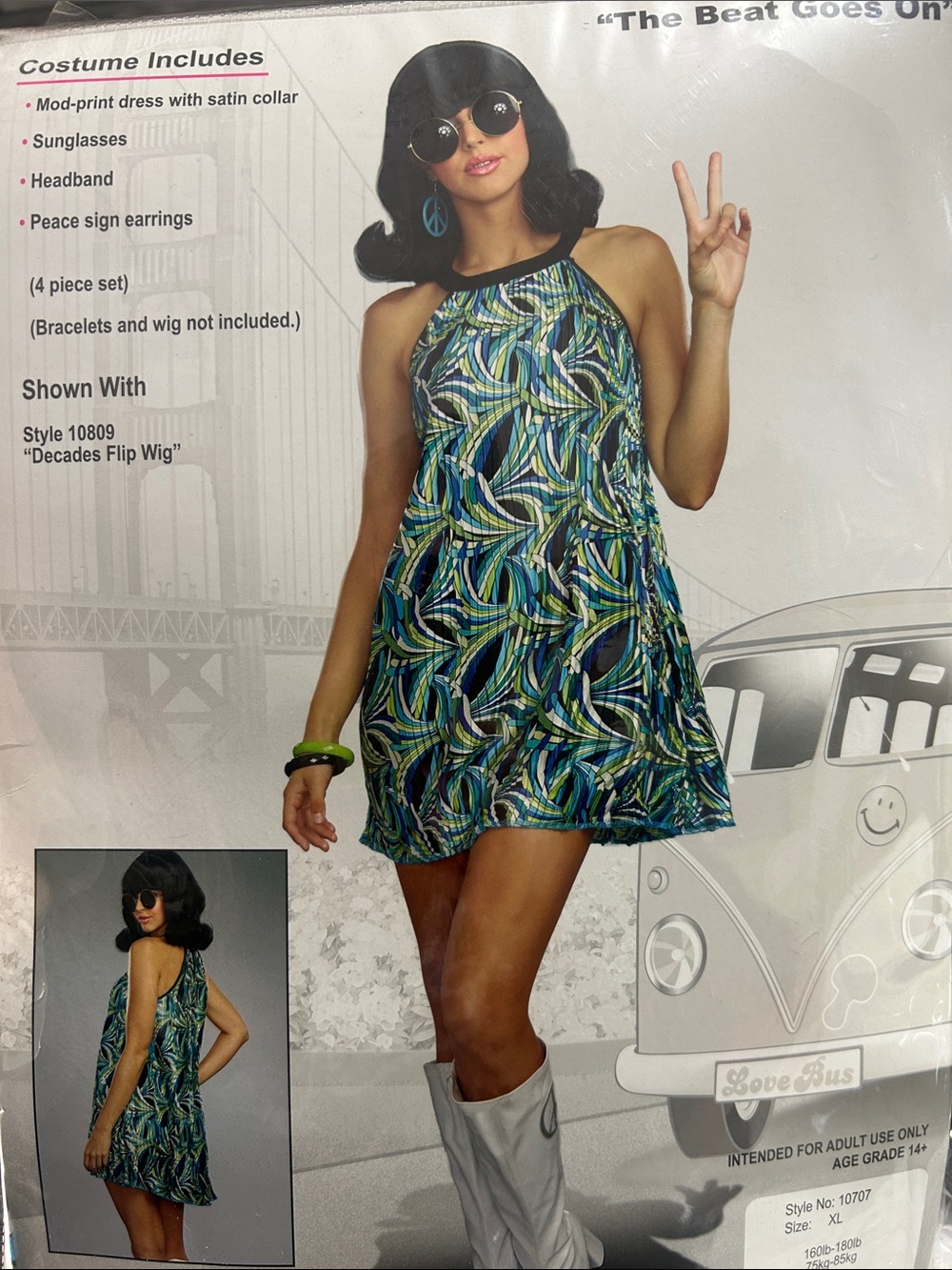 Dreamgirl Halloween costume Mod-Print Halter Mini Dress w earrings glasses wig
